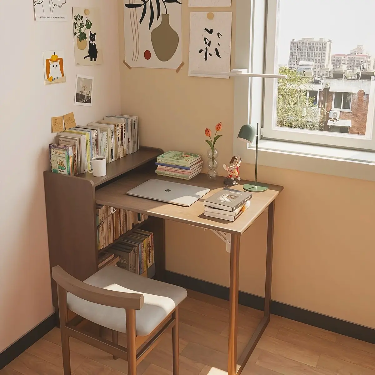 Bàn học gấp gọn, bàn làm việc gấp gọn tích hợp kệ sách (ghế gấp gọn)