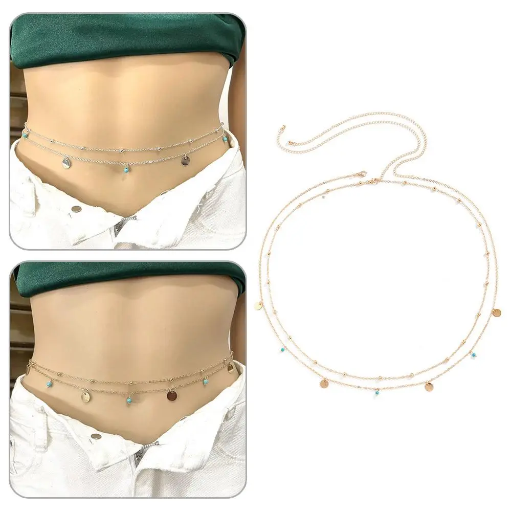 1 Pc Boho Minimalism Multilayer Waist Beads Simple Tassel Chain Leisure Waist Sequin Double-layer Chain Waist Turquoise Hip-hop