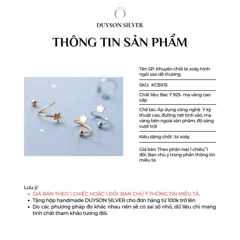 Bông tai bạc hình ngôi sao Khuyên tai bạc nữ chốt bi xoáy cá tính bạc Ý 925 mạ vàng trắn DUYSON SILVER(1 chiếc) [KCBX9] 2