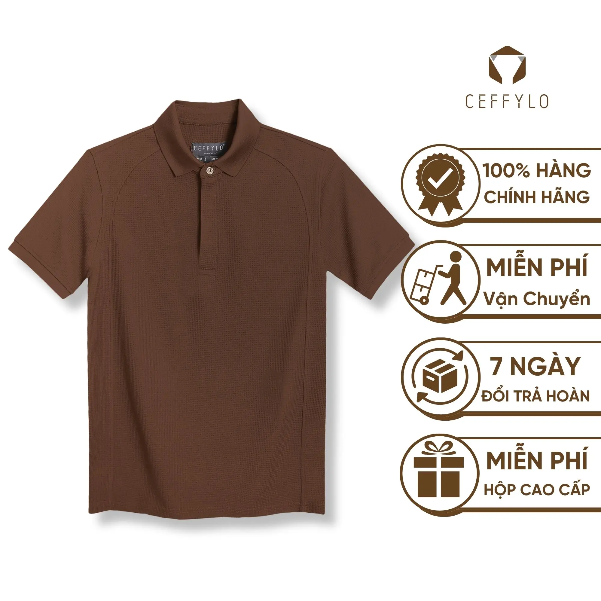 Áo Polo Nam Cộc Tay Có Gân Màu Nâu Đậm CF Chất Liệu Cotton ,Trẻ Trung , Form Slimfit ,Ceffylo