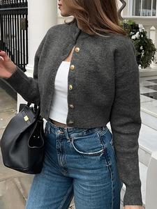 Cárdigan de suéter corto frontal con botones de color sólido para mujer, cárdigan de punto con cuello de manga larga informal para uso diario, prendas de punto para mujer para primavera y otoño, Tops