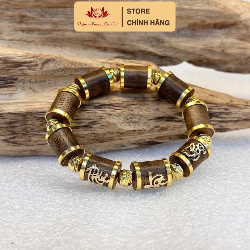 Vòng đeo tay trầm hương Lộc Cát size 8/10/12mm bọc mạ xi 24k - kèm chữ phúc lộc thọ- kèm hộp gấm + kim + dây xâu phụ kiện đeo tay