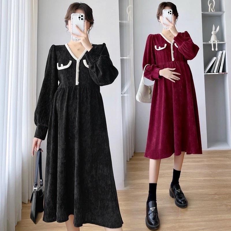  Váy bầu thu đông cổ Y nhung tăm sang chảnh B056 - Đầm Bầu Women Nữ 