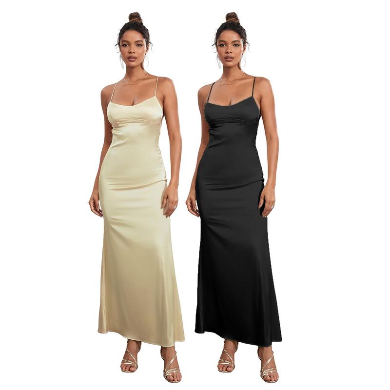 Product Introduction of Women's Summer Long Slip Dress Solid Color Sleeveless Spaghetti Strap Low Cut Backless Slim Dress 45