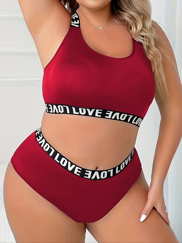 【 Plus Size】 Two-piece Set Letter Tape Criss Cross Cut Out Bra & Knicker, Casual Comfy Breathable Fashion Underwear Set for Daily Wear, Women's Underwear for All Seasons, Clothing 1