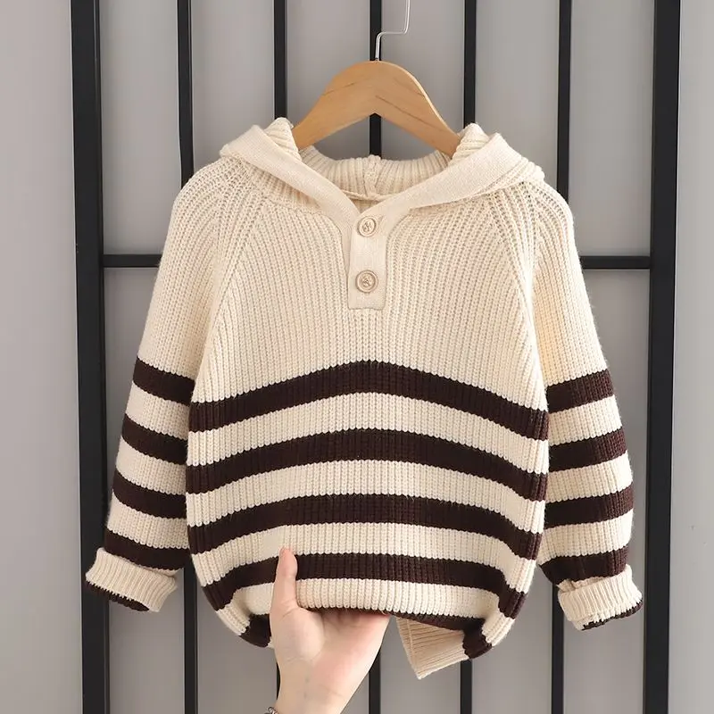 Áo len mới, sọc, cho bé trai và bé gái, thích hợp cho mùa thu và mùa đông, áo hoodie trẻ em, đồ dệt kim, quần áo trẻ em, áo khoác len, 2024 2