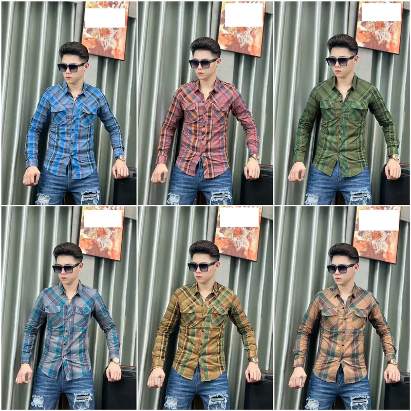 Áo sơ mi nam dài tay kẻ caro nhiều màu, dáng ôm body, có 2 túi - Có Cổ 5