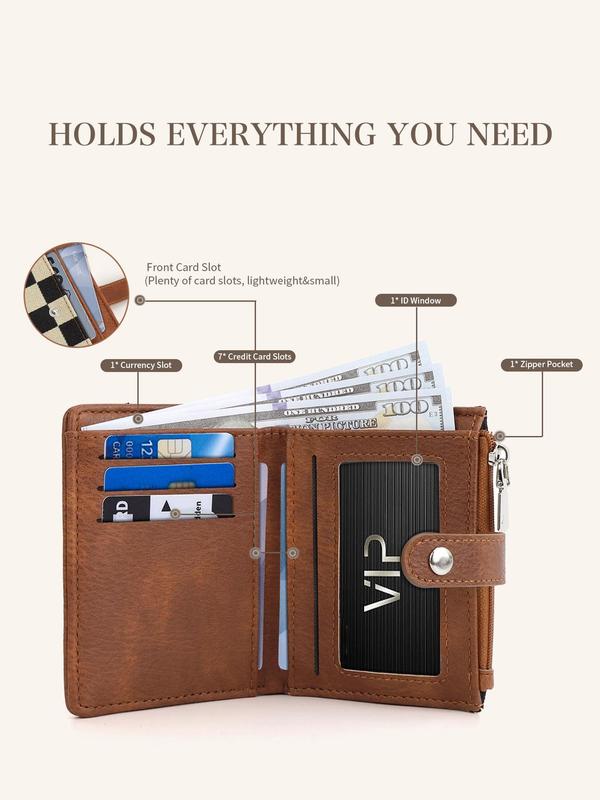 Women's Checked Pattern Short Wallet, Casual Plain Color Bifold Wallet with ID Window, Multi Card Slot Card Holder for Daily Used 2