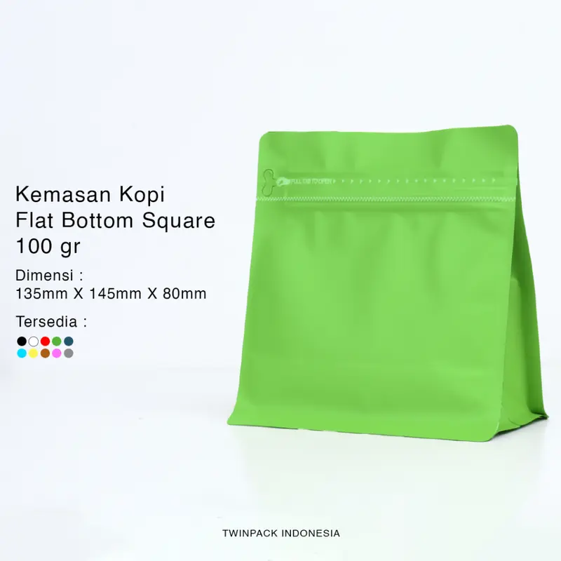 Kemasan Kopi 100 Gram Ziplock Hijau Flat Bottom Square Wide | Valve | Zipper | Packaging Kopi 0