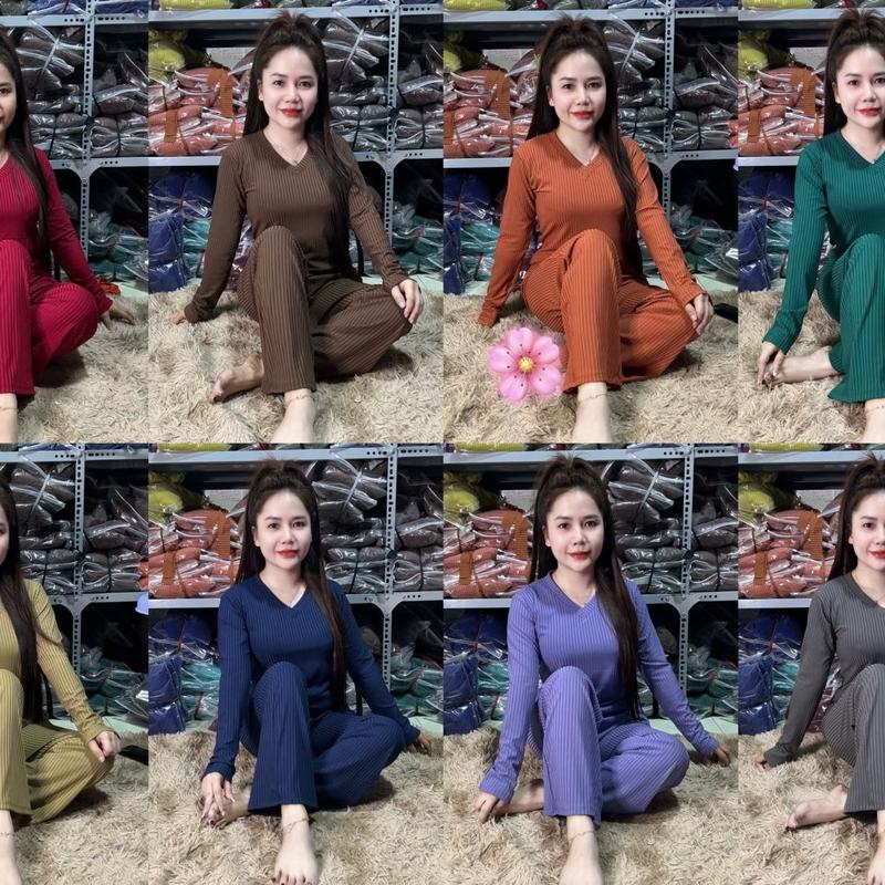 Set Bộ CỔ TIM TAY DÀI - QUẦN SUÔNG ,Chất liệu vải gân đũa lạnh - vải tiêu dày dặn Đồ Bộ Nữ Top Women Size từ 38-79kgg