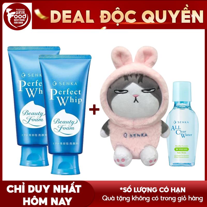 [Mua 2 tặng 2] Combo 2 Sữa Rửa Mặt Senka Perfect Whip U 120g + Mèo Bông Senka + Nước Tẩy Trang Mini Senka All Clear Water Micellar Formula #Fresh 70ml