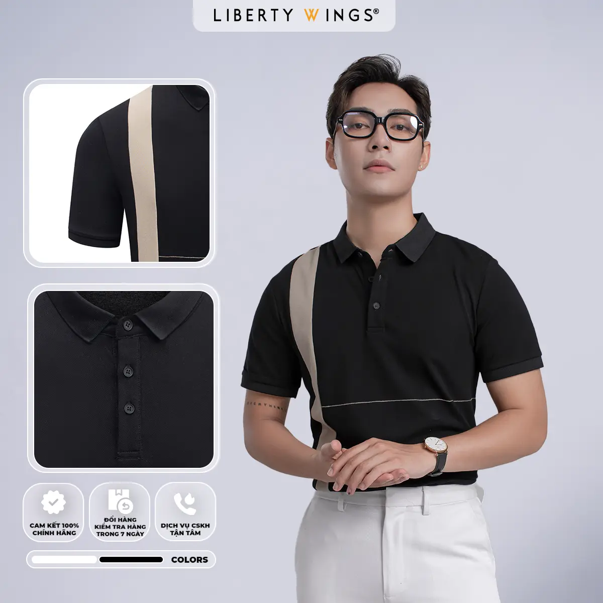 Áo Polo phối be dọc thân phải