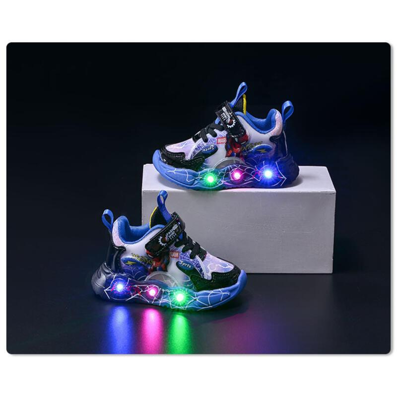Product Introduction of 2024 Spring Autumn Lights New Children's Leather Spider Man LED Induction Light Boys' Sports and Casual Shoes 3
