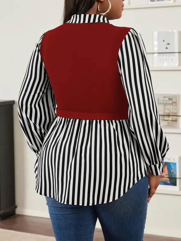 CURVZY Plus Size 2 in 1 Striped Print Bishop Sleeve Blouse, Casual Long Sleeve Collared Top for Spring & Fall, Women's Clothes for Daily Wear, Valentine's Day Gift for Girl, Fall Clothes, Winter Clothes 7