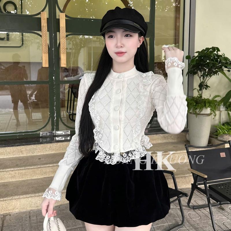 Hàng mới về - Set Đồ Nữ Áo Ren Xốp Phối Viền Ren Hoa và Quần Nhung Dáng Bí Bồng Xòe Tiểu Thư Sang Chảnh Màu Kem set botieuthu Women Voi Top Sen Kem MeiCloset