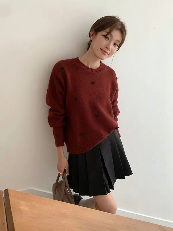 Áo len cổ tròn họa tiết trái tim tông màu basic DELIZ form dài tay siêu ấm - AL62 6