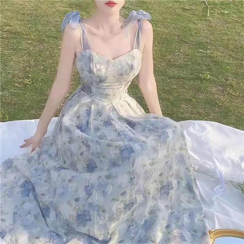 Luna shop elegant floral sleeveless women dress blue dress Korean fashion dress