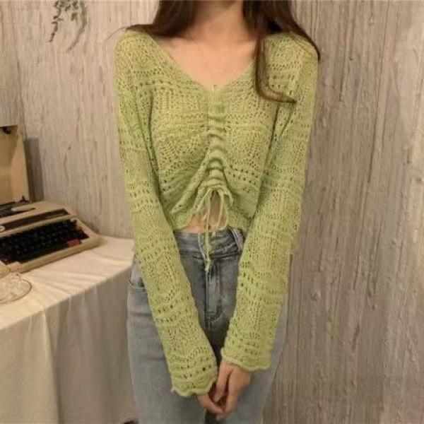 Product Introduction of Áo Len Lụa Lạnh Thiết Kế khoét Cổ Chữ V, Dành Cho Phụ Nữ, Mặc Mùa Hè, Mùa Xuân Và Mùa Thu, Tay Áo Dài, Thích Hợp Cho Các Cặp Ngoại Với Áo Cánh Điều Hòa Không Khí Mỏng, Áo Chống Nắng Ngắn 21