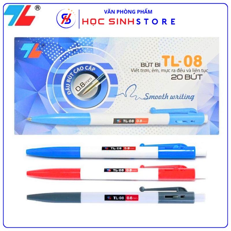 Hộp 20 cây Bút Bi Bấm Thiên Long Ngòi 0.8mm TL-08 ( Xanh, đỏ, đen ) -  Mực Đều Đậm, Không Lem và Nhanh Khô