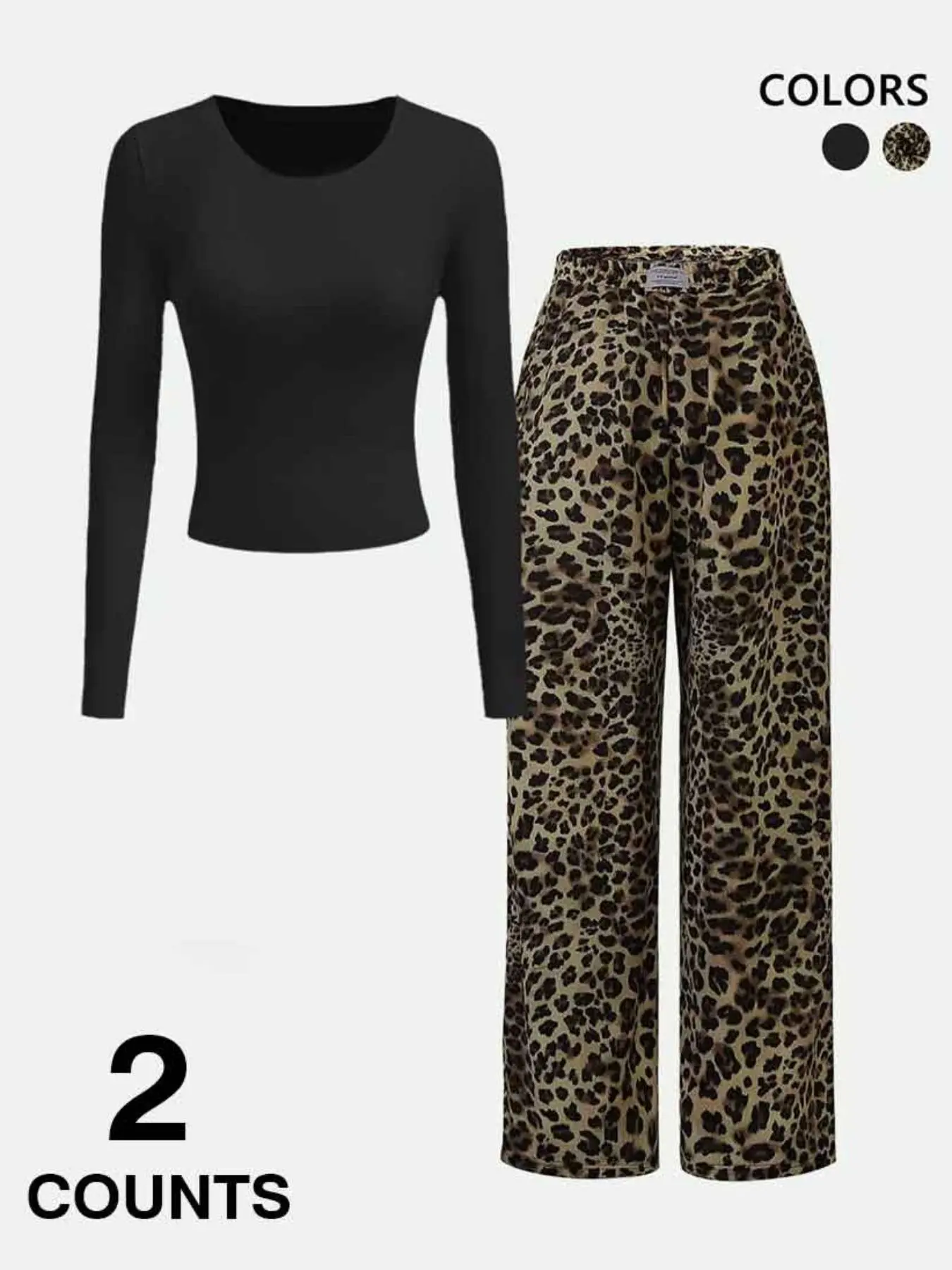 Women's Solid Long Sleeve Tee & Leopard Print Wide Leg Pants Two-piece Set, Casual Round Neck Top & Trousers for Daily Wear, Ladies Fall Clothes