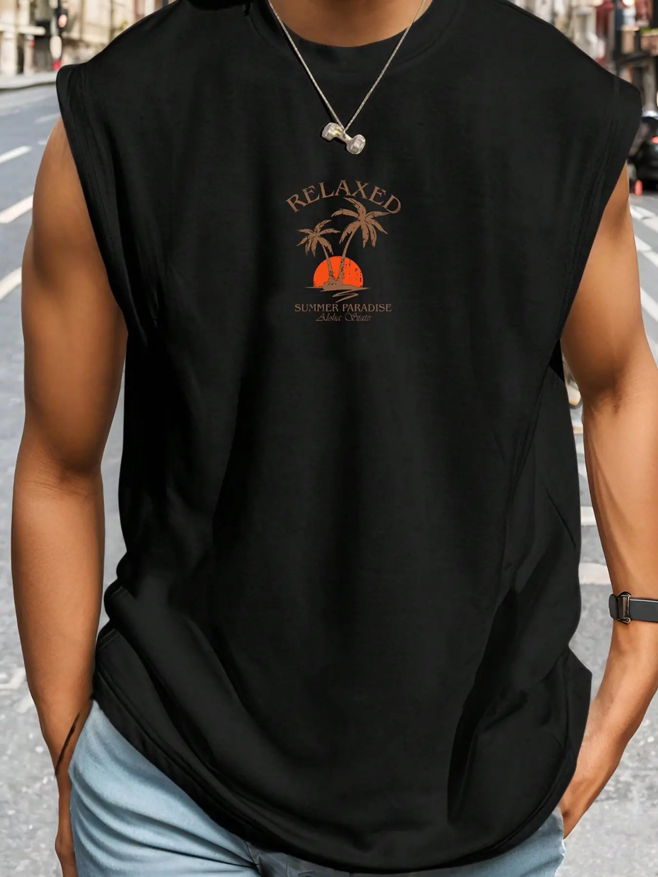 【Plus Size】 Men's Palm Tree Print Tank Top, Regular Fit Casual Sleeveless Round Neck Top for Summer, Men's Relaxed Clothes for Daily Wear, Vests