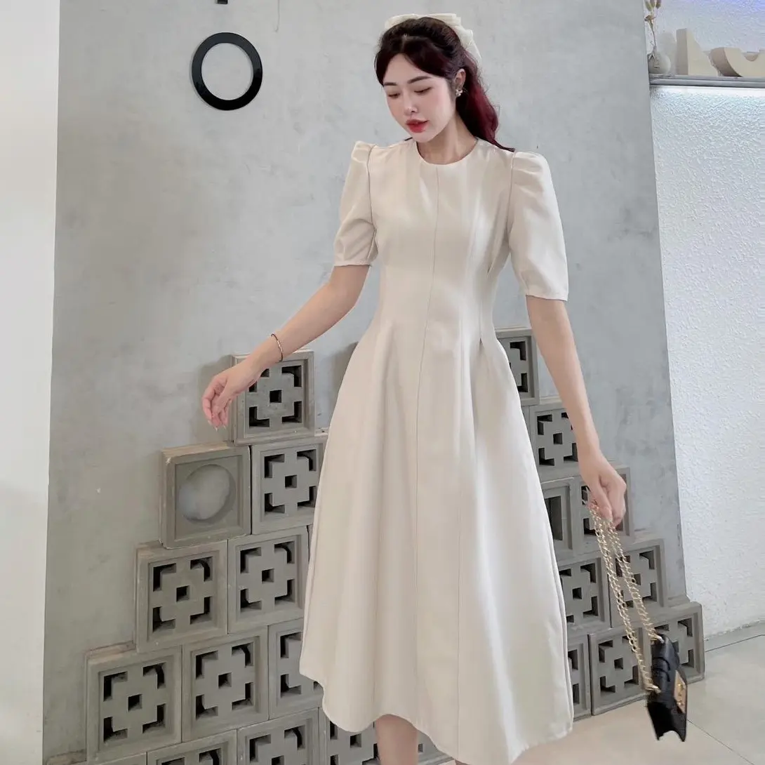(D238)ĐẦM MIDI NỮ CỔ TRÒN TAY BỒNG DÁNG XOÈ XẾP LY chất cotton lì Trơn Women Dress Kem Đỏ