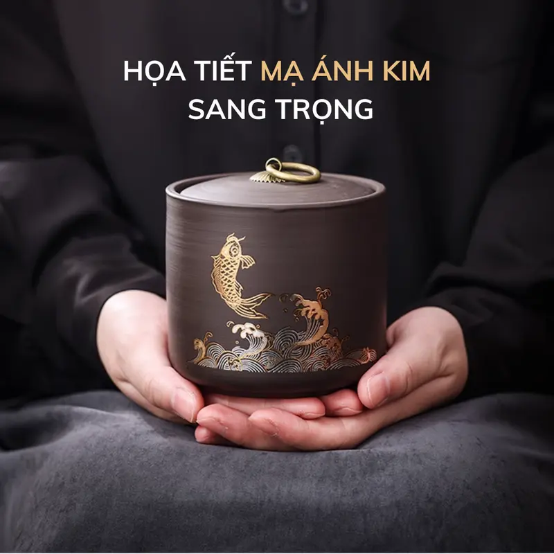 Hộp đựng trà gốm tử sa, hũ đựng trà họa tiết mạ ánh kim cỡ lớn, nắp khít cao cấp Đựng Gia Vị Bình 6