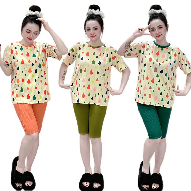 Bộ đồ lửng mặc nhà, áo thun cotton quần thun gân họa tiết đơn giản dễ mặc, thời trang - gọn dáng Nữ