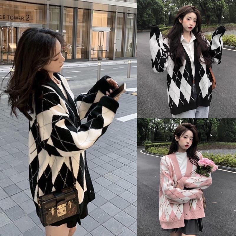 Áo Khoác Cardigan Kẻ Thoi Form Rộng Đen/ Hồng Chất Nỉ Bông Be Viền Xinh xắn Nữ Women Top Jacket áodạ tweet