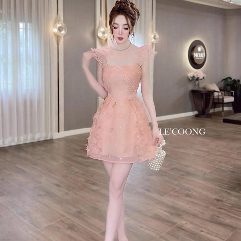 Đầm thiết kế đính kết cao cấp 2 màu hồng và kem