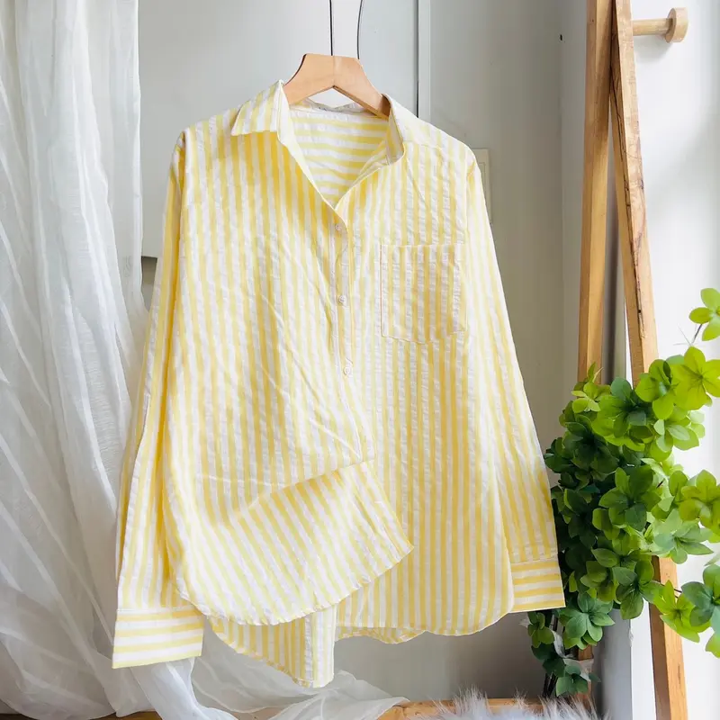 ( XÃ KHO ) Áo Sơ Mi Nữ Tay Dài Phom Rộng Chất Coton Đũi Mềm Mát Có Túi - Women's Top Shirt Kem Voi Nhung 5