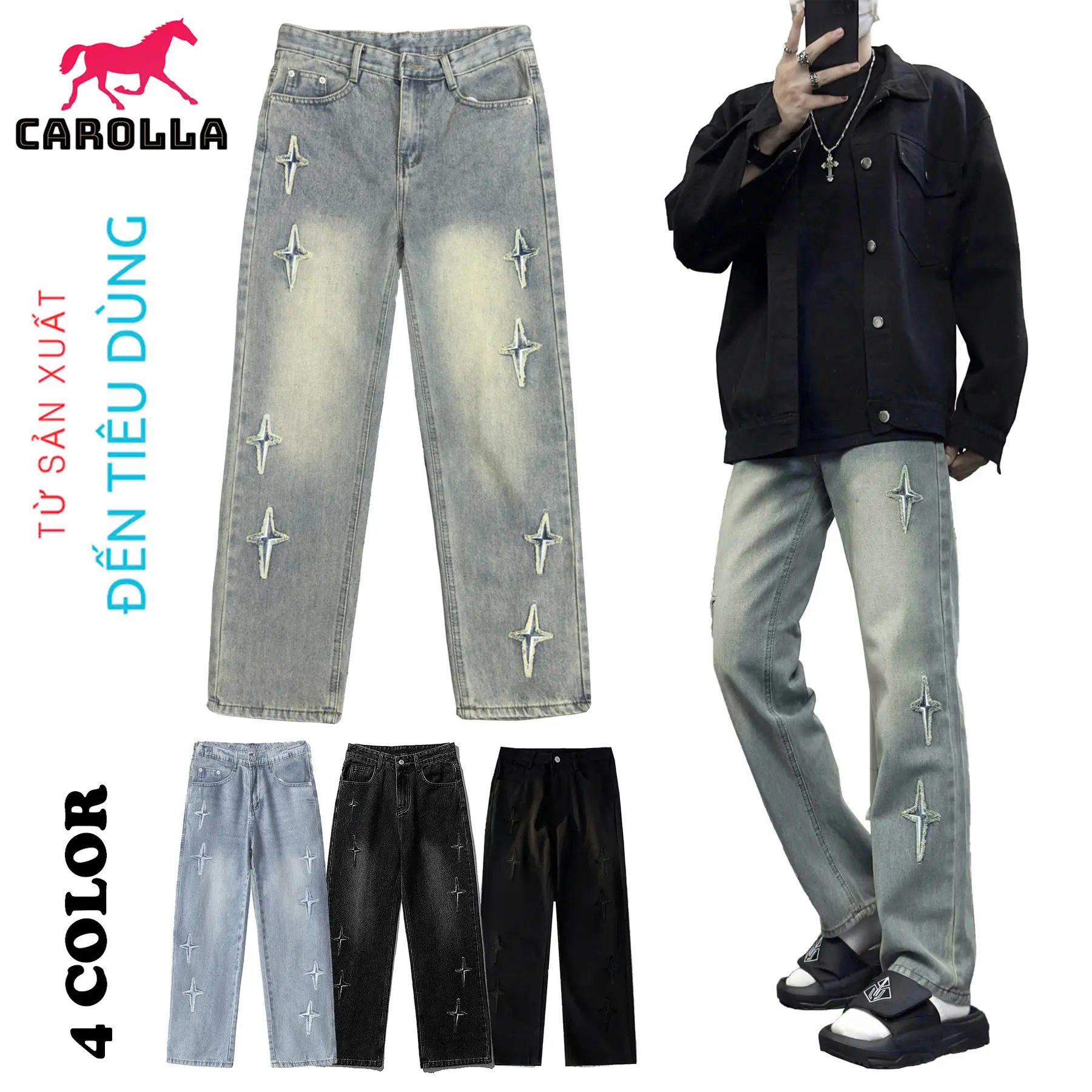 CAROLLA Quần Jean Nam Form suông, Ống đứng, ống suông, Sao 4 Cánh may mắn Menswear Pants Có Túi