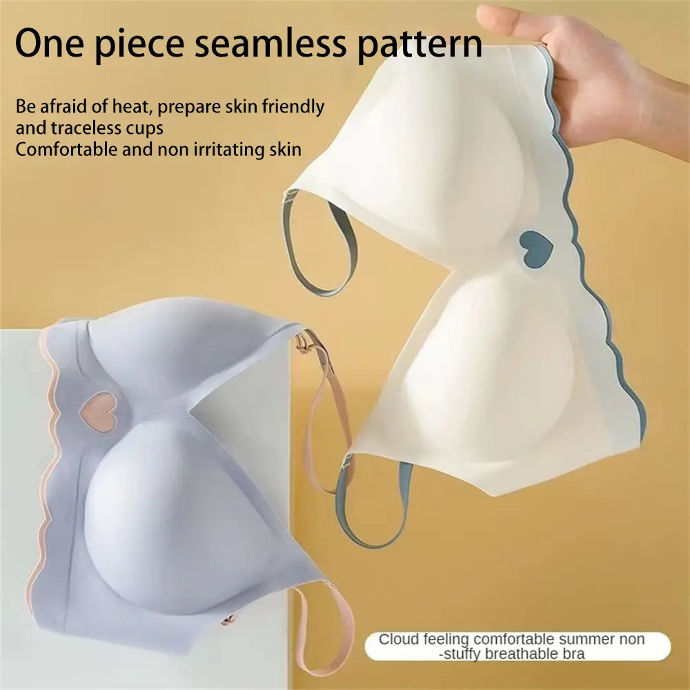 Love Heart Summer Sweet Girl Ice Silk Seamless Underwear Female Nude Feeling Thin Push Up Non-slip Small Chest Gathering Collecting Accessory Breast Comfortable Bra DDUN Womenswear Lady