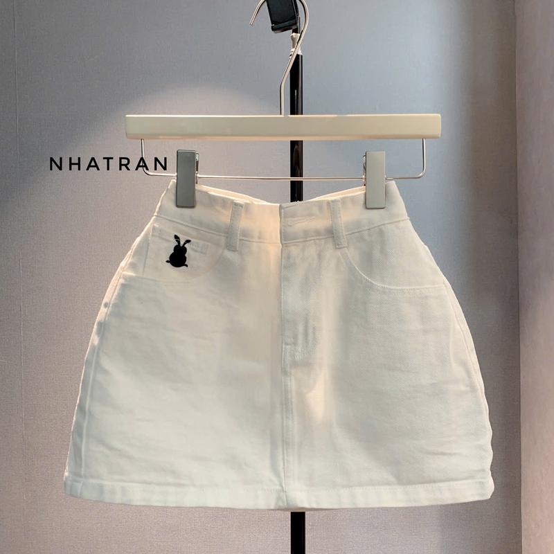 nhatran - Chân váy jean nữ phom ngắn chữ a chất Denim cotton Women Nhung Voi Khuy dày mịn có lót bảo vệ THÊU GN-112