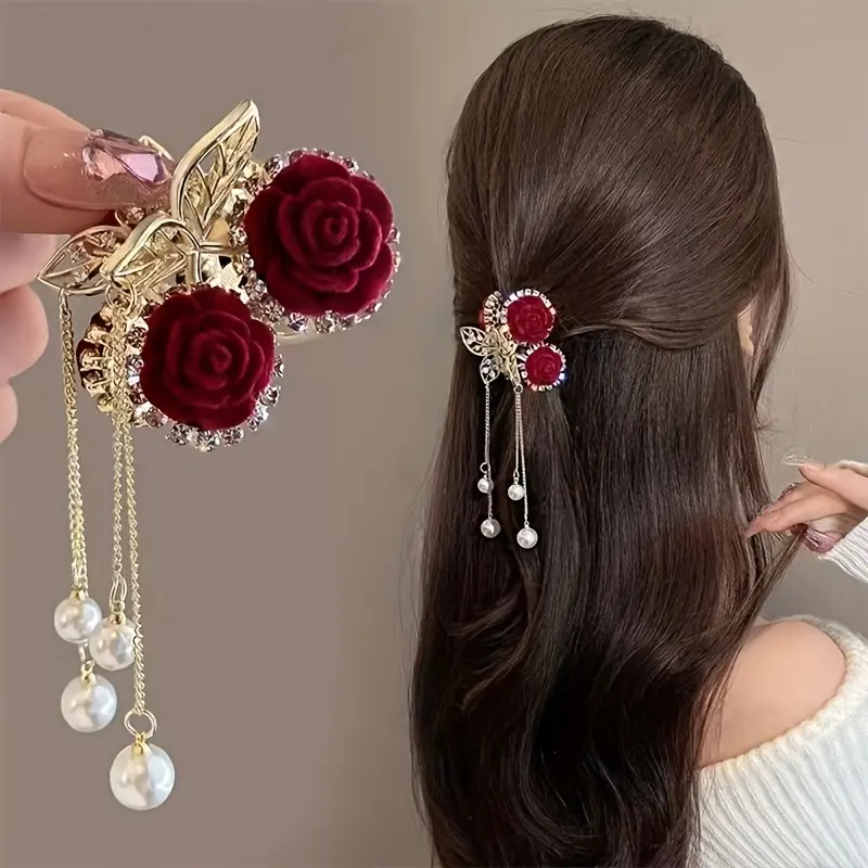 Elegant Vintage Rose and Faux Pearl Tassel Hair Clip - Alloy Floral Design Suitable for Ponytails and Updos