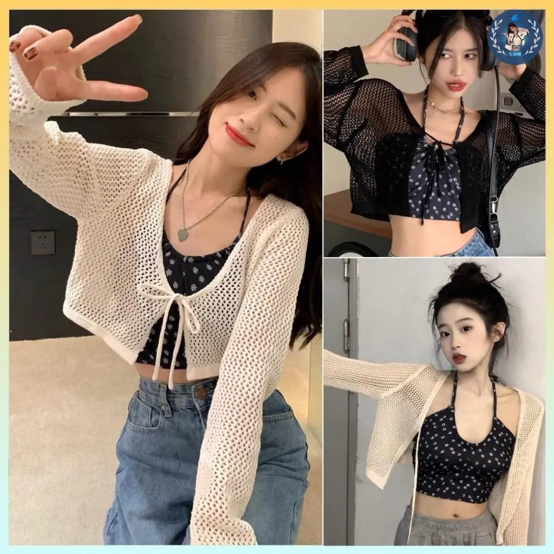 💥[A024] Áo khoác Montoghi len lưới CÓ DÂY NƠ CỔ dáng lửng hàng Quảng Châu đi biển dễ phối đồ - L2M (Top Nữ Nhung Women ) 【 hoa hồng 】