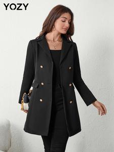 YOZY Women's Solid Double Button Lapel Neckline Trench Coat, Elegant Long Sleeve Outerwear for Fall & Winter, Ladies Clothes for Daily Wear