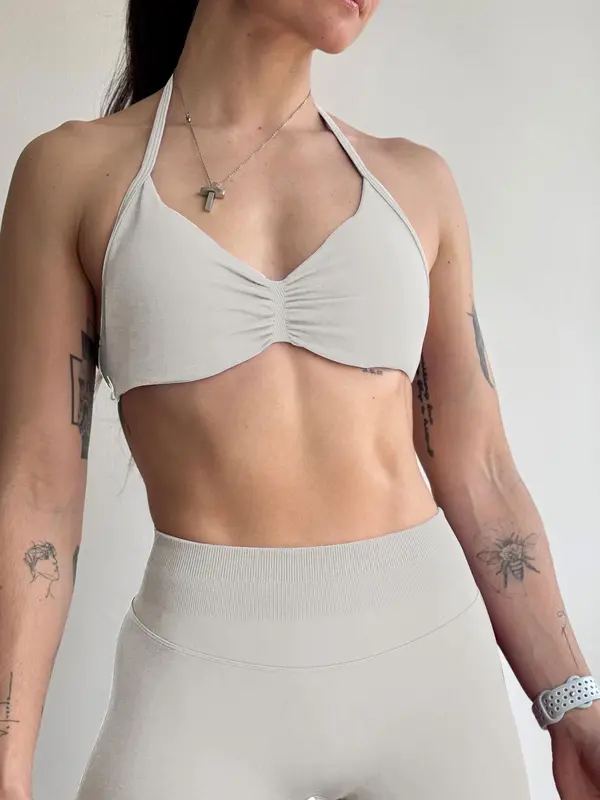 Women's Solid Color Ruched Design Halter Sports Bra, Casual Comfy Breathable Backless Bra for Yoga Gym Workout, Ladies Sportswear for All Seasons, Workout Clothes Women 2