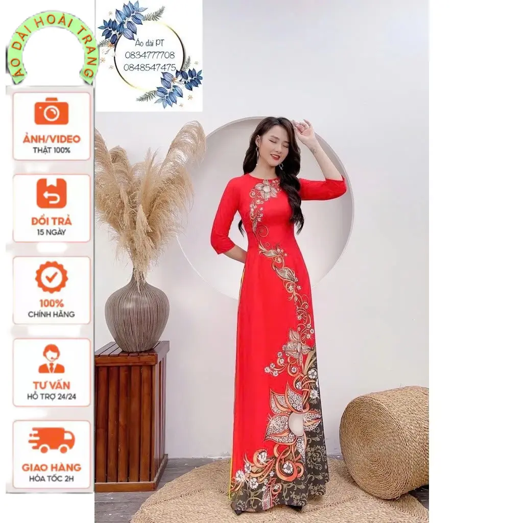 Áo dài in 3D Hoa  cổ vuông tay phồng vải lụa nhật - Áo Dài Hoài Trang