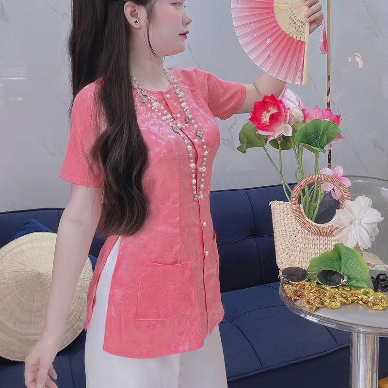 Bộ Quần Áo Bà Ba Nữ Lụa Gấm Hoa Văn Mẫu Đơn Tay Ngắn Có 2 Túi BOO3 - Kem Top Women