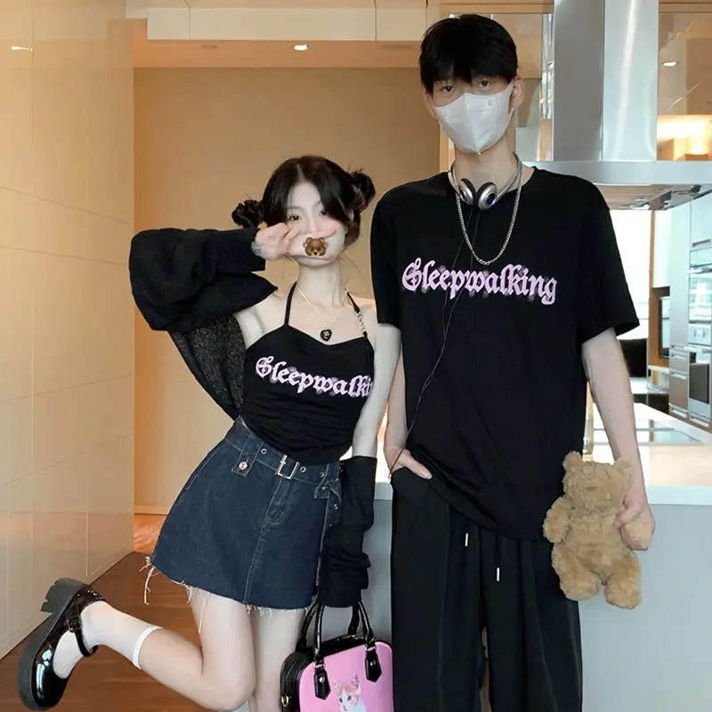 Cổ Yếm In Hình, Có Đệm Ngực, Dây Đeo Nhỏ Chữ Cái, Áo Cardigan ngắn Tay Màu Đen, Thích Hợp Cho Nam Và Nữ, Cặp Đôi, Hàng Mới Về Mùa Hè, Áo Mỏng