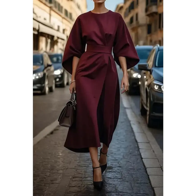 2025 Spring Summer Women's Fashion European and American Cross-border Elegant Solid Color Waist-cinching Dress Casual Batwing Sleeve Long Dress Modesty Formal Green 6
