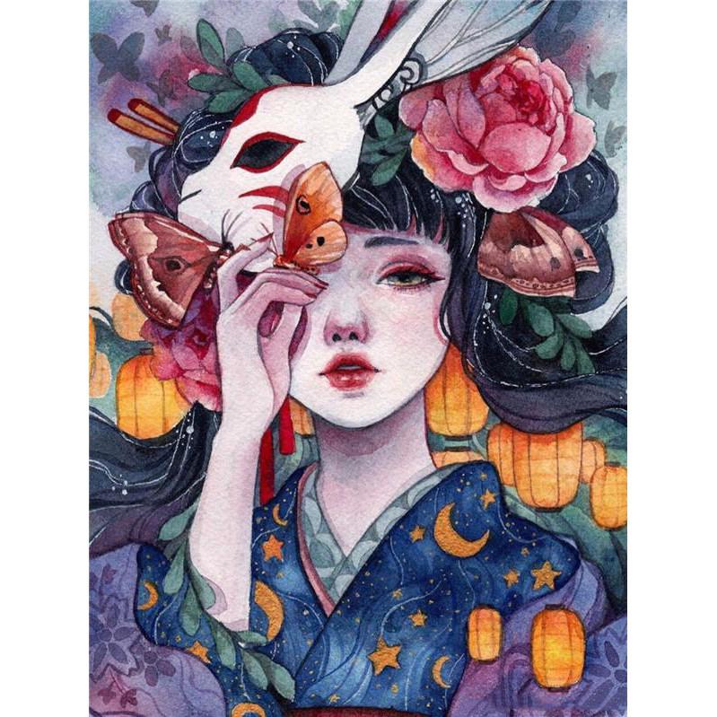 Tranh đá tự đính tự làm 30x40cm giá rẻ tranh đính đá phong cảnh Anime 5D Cô gái - Mặt Nạ