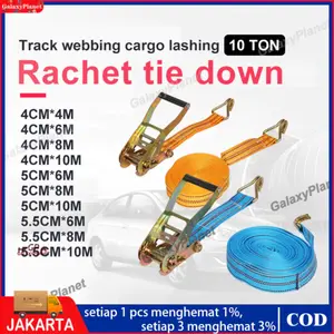 Anti Ribet! Set Tali Pengikat Ratchet 10 Ton (Pilih Ukuran: 4cm/5cm/5.5cm x 4-10M). Baja Kuat, Polyester Awet. Ikat Apa Saja Jadi Mudah & Cepat. Muatan Dijamin Aman!