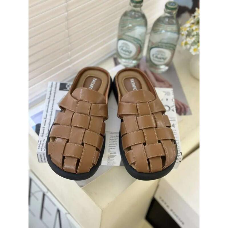 Product Introduction of Slippers Women Summer Shoes Pantofle Cover Toe Slides Loafers Fashion Low Female Mule 2025 Mules Rubber Rome Hoof Heels F 9