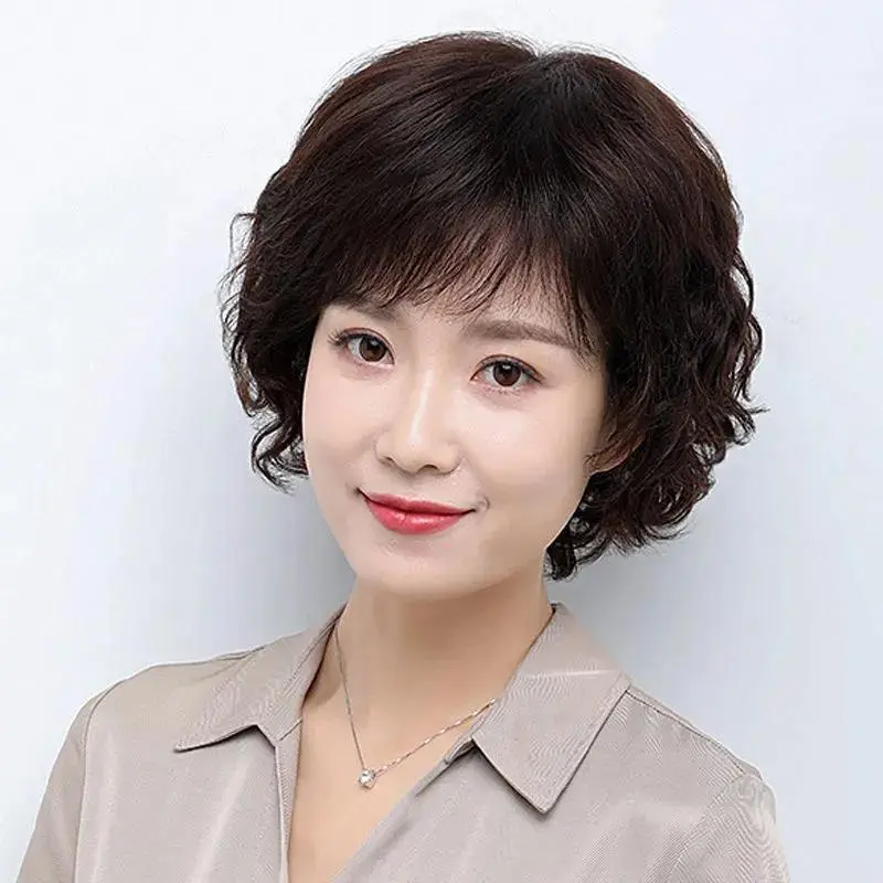 Fake Short Hair Mother Style Artificial Hair Wig Middle-Aged and Elderly Full-Head Wig Natural Human Hair Ladies Fluffy