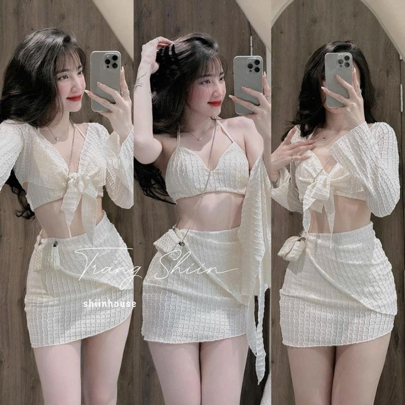 KH89- sét bikini đi biển sét đi biển 3 món chất xốp áo có mút ngực chân váy có lót kèm áo khoác tay dài cột nơ HP- freesize 38-56kg