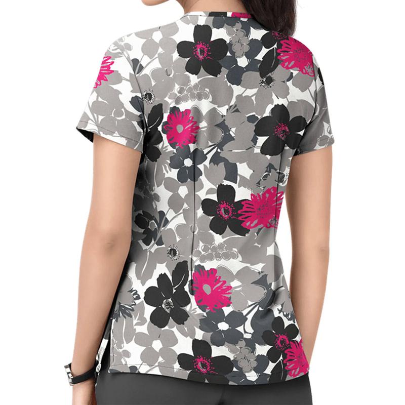 Product Introduction of Women Print Nurse Uniform Plus Size Summer Short Sleeve V-neck Tops Nursing Working Uniform T-shirts Clinic Protective Clothing 2