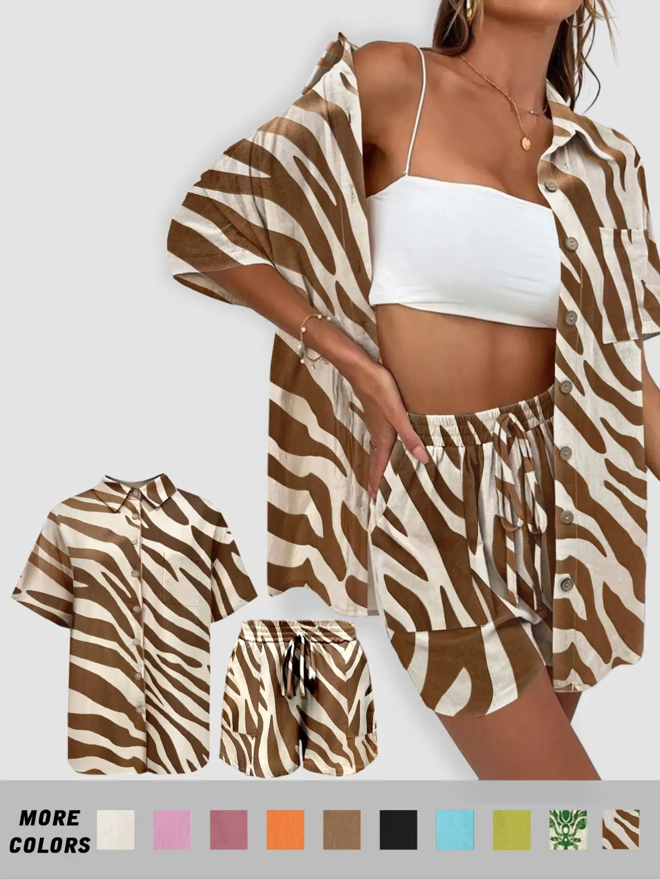Women's Solid / All Over Print Co-ord Set, Casual Short Sleeve Button Front Shirt & Tie Front Pocket Shorts Two-piece Set, Women's Clothes for Summer Daily Wear, National Day Clothing