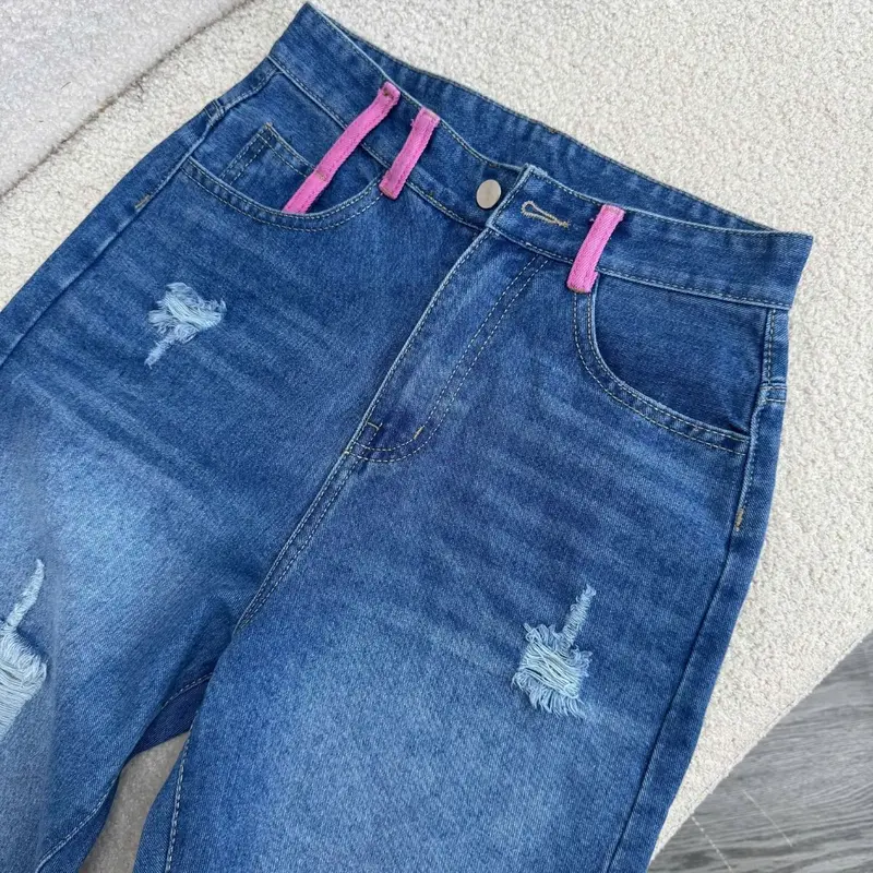 Quần baggy Bigsize Nữ cách điệu rách xanh viền đai túi hồng tôn dáng thời trang năng động cá tính size 60-95kg - Q504 3